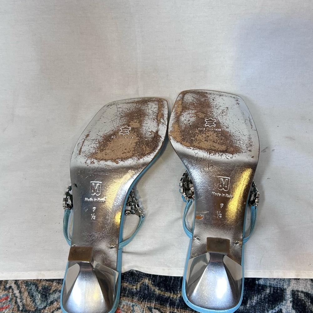 Vintage Y2K Bruno Magli Couture Aqua Rhinestone Kitten Heel Sandals Women's 7.5 - Picture 8 of 8